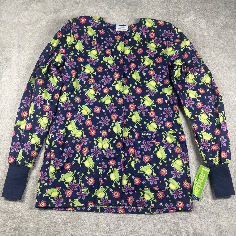 Landau Women's Scrub Top Frogs Long Sleeve Green Blue Size XS New